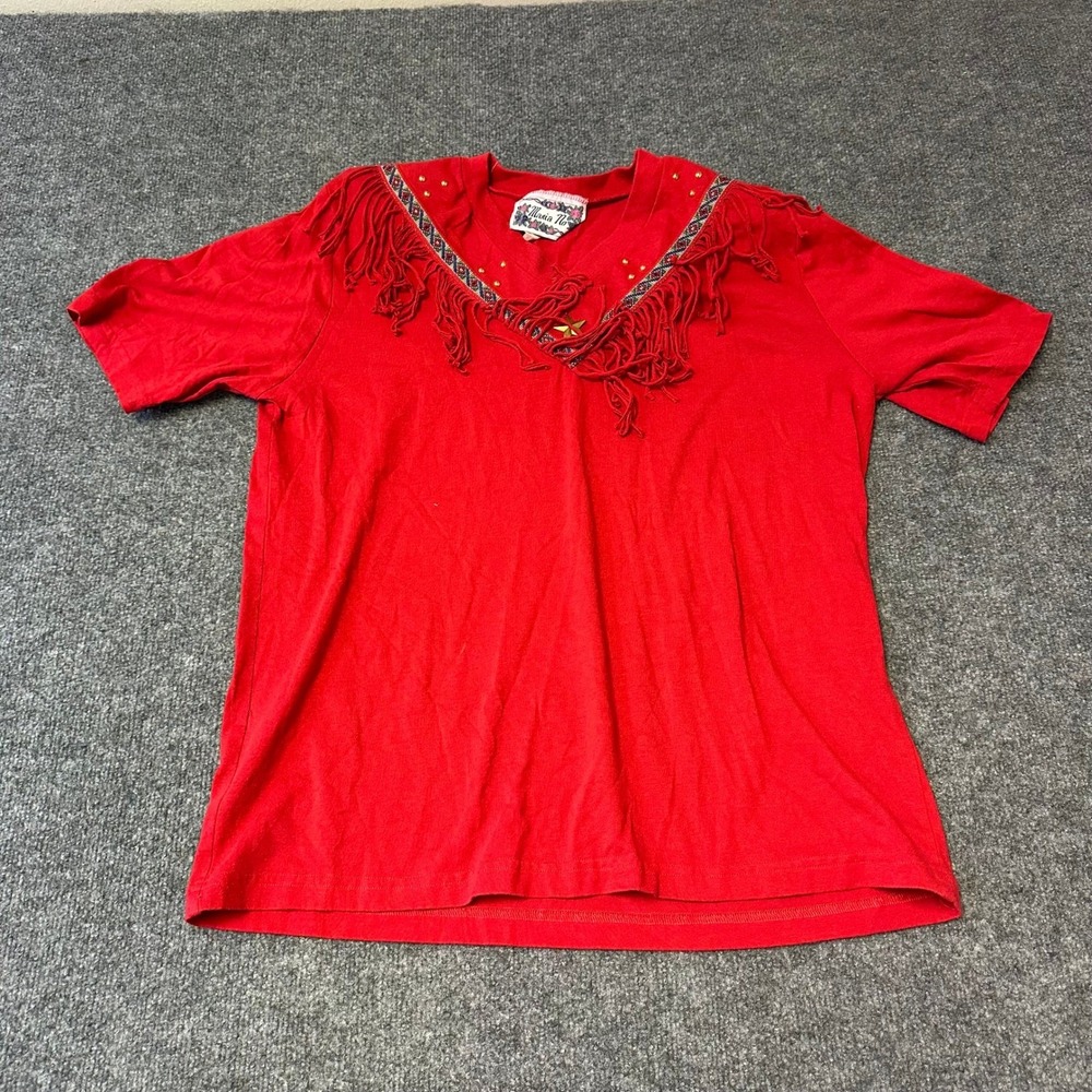 Maria No T-Shirt Womens Size L Red Fringe Studded Western V-Neck Made in USA